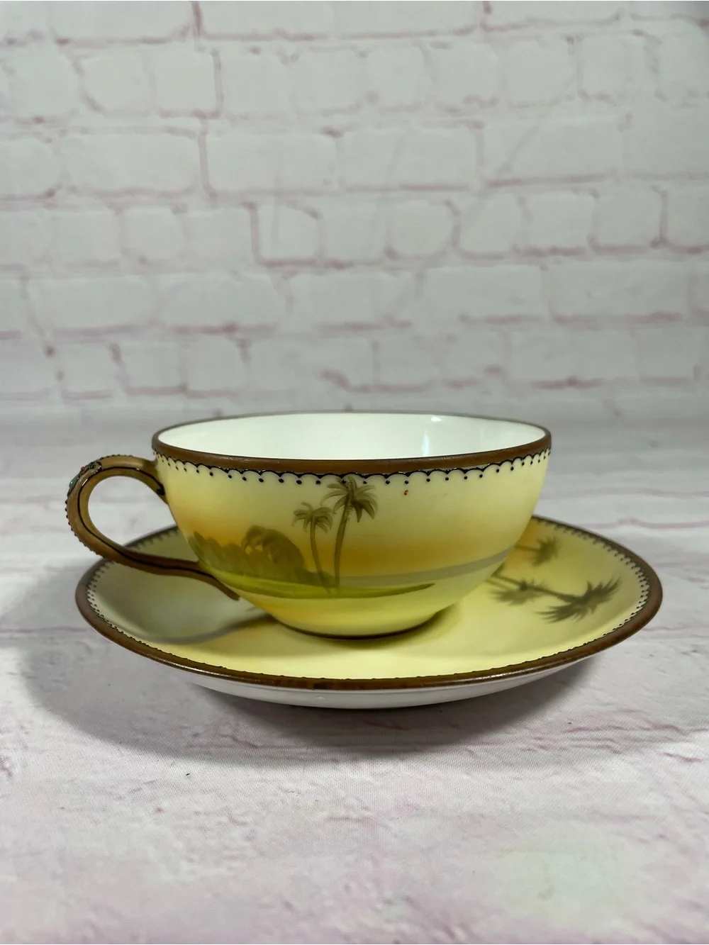 Antique Morimura Nippon Hand Painted Tropical Oasis Teacup and Saucer Set